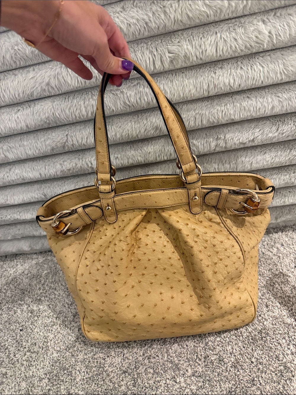 Gucci Leather Ostrich Tote Bag in Mustard